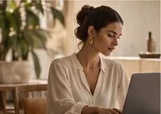 Mulher trabalhando ao notebook em ambiente acolhedor