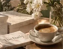 Xícara de café sobre livros, com flores brancas